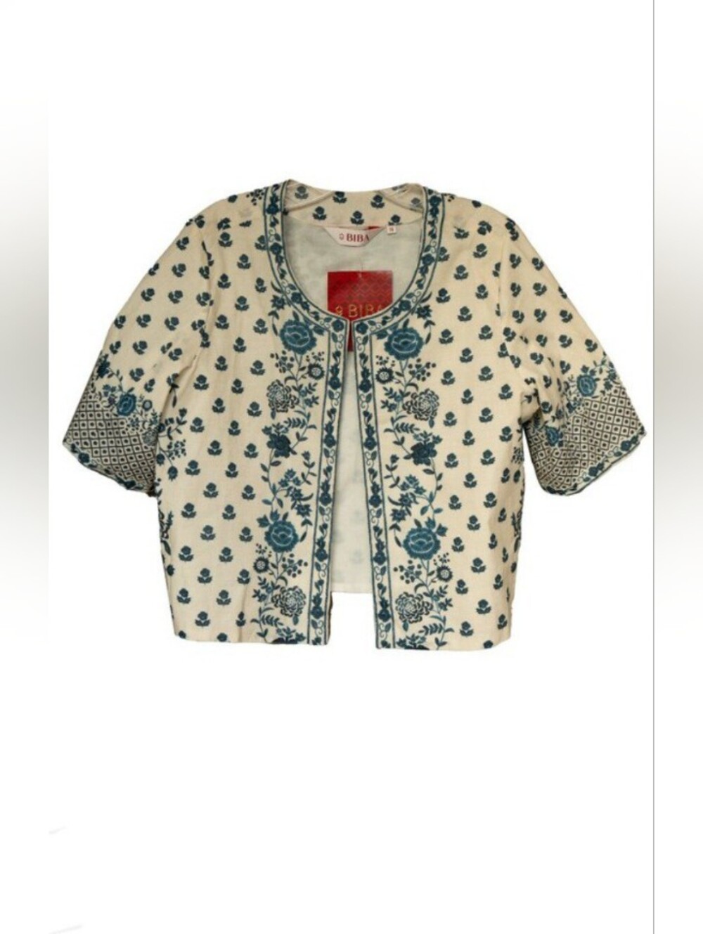 BIBA Indian Block Print Jacket Boho 100% Cotton White Blue Floral Hippie Coat